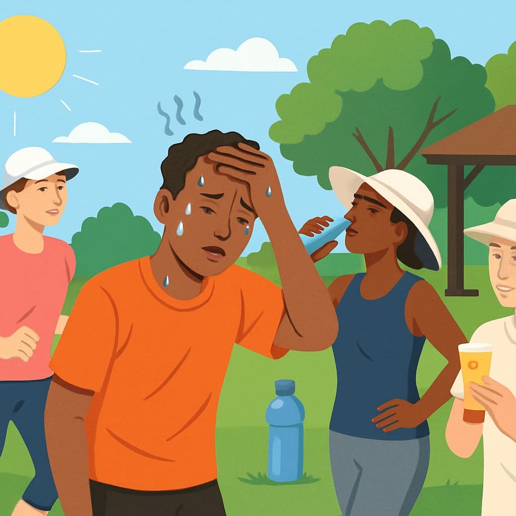 People exercising outdoors on a sunny day, one person showing signs of heat exhaustion while others drink water and rest in the shade.