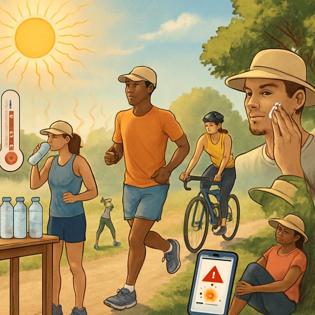People exercising outdoors on a hot sunny day with some resting in the shade and drinking water, surrounded by trees and a clear sky.
