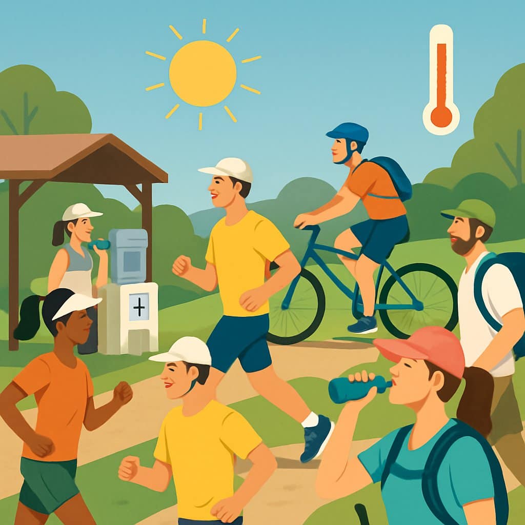 People exercising outdoors in warm weather, drinking water and resting in a shaded area with a first aid station nearby.