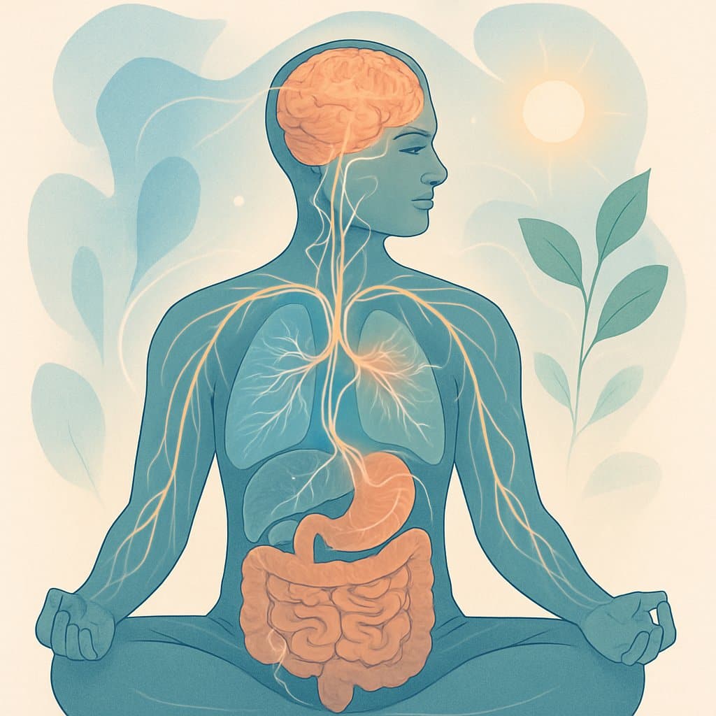 A human figure in a meditative pose with glowing lines connecting the brain and body, surrounded by natural and abstract shapes symbolizing holistic health.