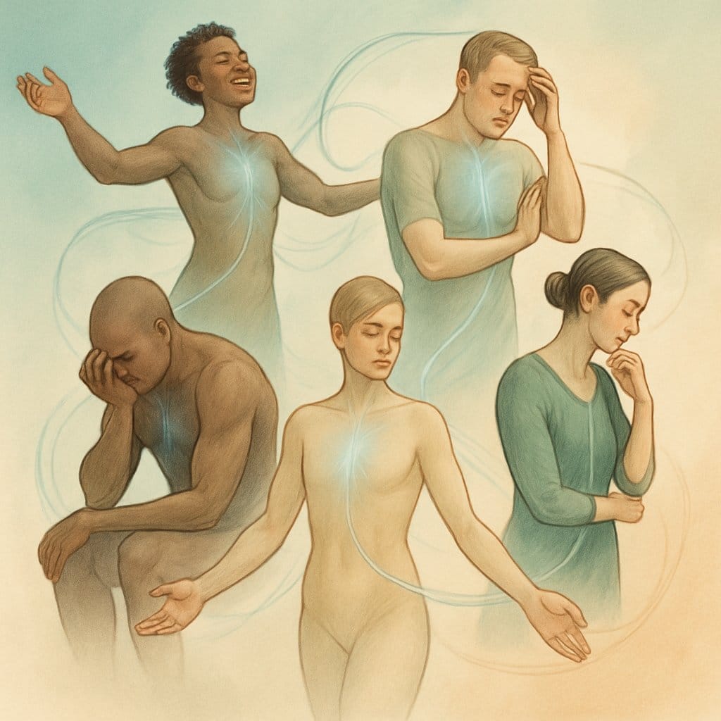 Several human figures in different poses expressing a range of emotions through their body language, connected by flowing lines against a calm background.