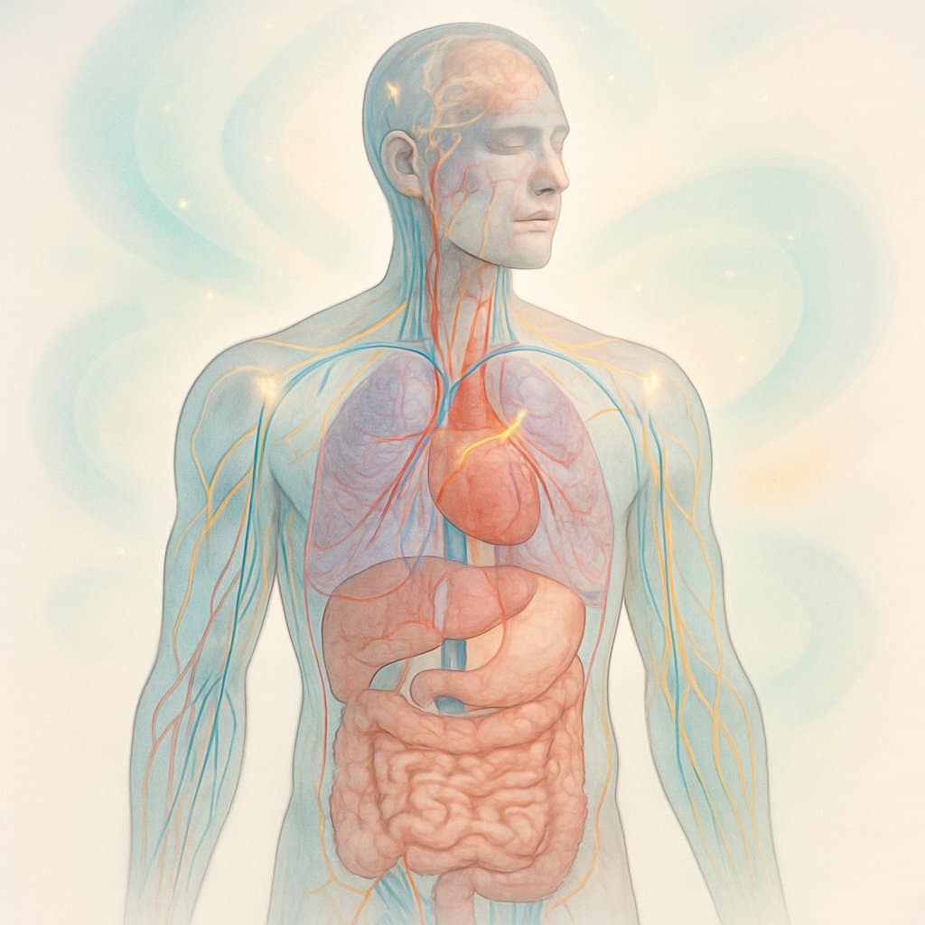 A detailed illustration of a human body showing internal systems like the heart, lungs, nerves, and digestive organs connected with glowing lines, highlighting how these systems relate to the body's surface.