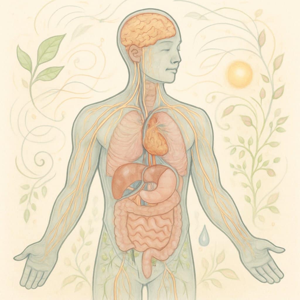 A human figure with translucent skin showing internal body systems surrounded by flowing lines and natural elements symbolizing healing and interconnectedness.