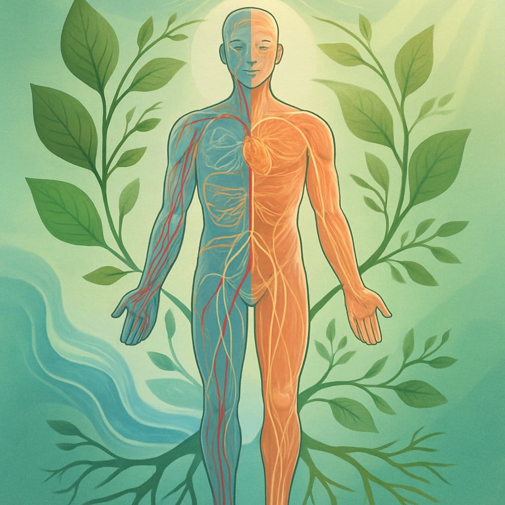 A human figure with visible internal systems surrounded by natural elements like leaves and water, symbolizing health, vitality, and interconnectedness.