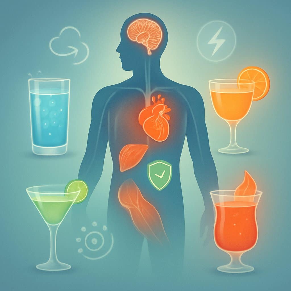 Illustration of a human figure surrounded by glowing cocktail glasses with highlighted areas showing benefits to the brain, heart, muscles, and immune system.