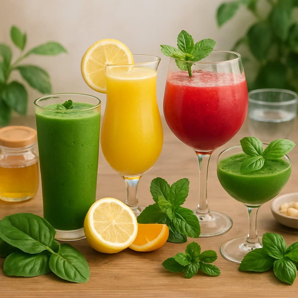 A table with several colorful healthy cocktails surrounded by fresh fruits, herbs, and natural ingredients representing wellness and body benefits.