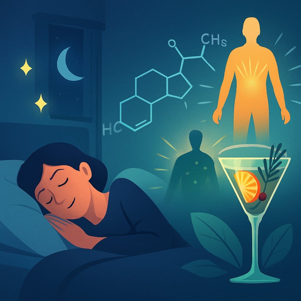 A person sleeping peacefully in a calm bedroom with visual elements representing stress hormones and natural ingredients promoting restful sleep and stress balance.