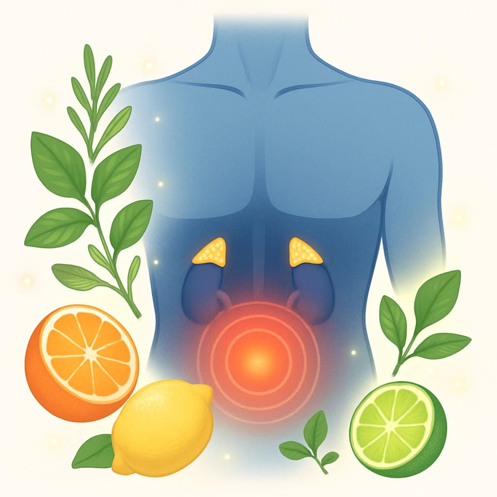 Illustration of a human torso with highlighted metabolism and hormone areas surrounded by natural ingredients like leaves and fruits, symbolizing support for metabolism and weight management.
