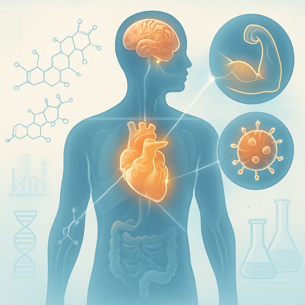 Illustration of a human body with highlighted organs and molecular structures representing cortisol and its benefits, surrounded by scientific symbols and laboratory elements.