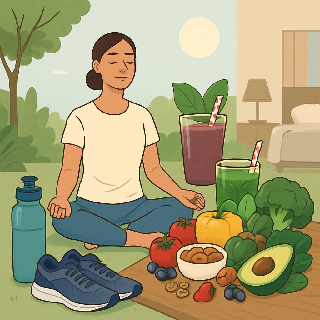 A person meditating outdoors surrounded by healthy foods, a smoothie, water, running shoes, and a calm bedroom scene, representing lifestyle factors for adrenal and cortisol health.