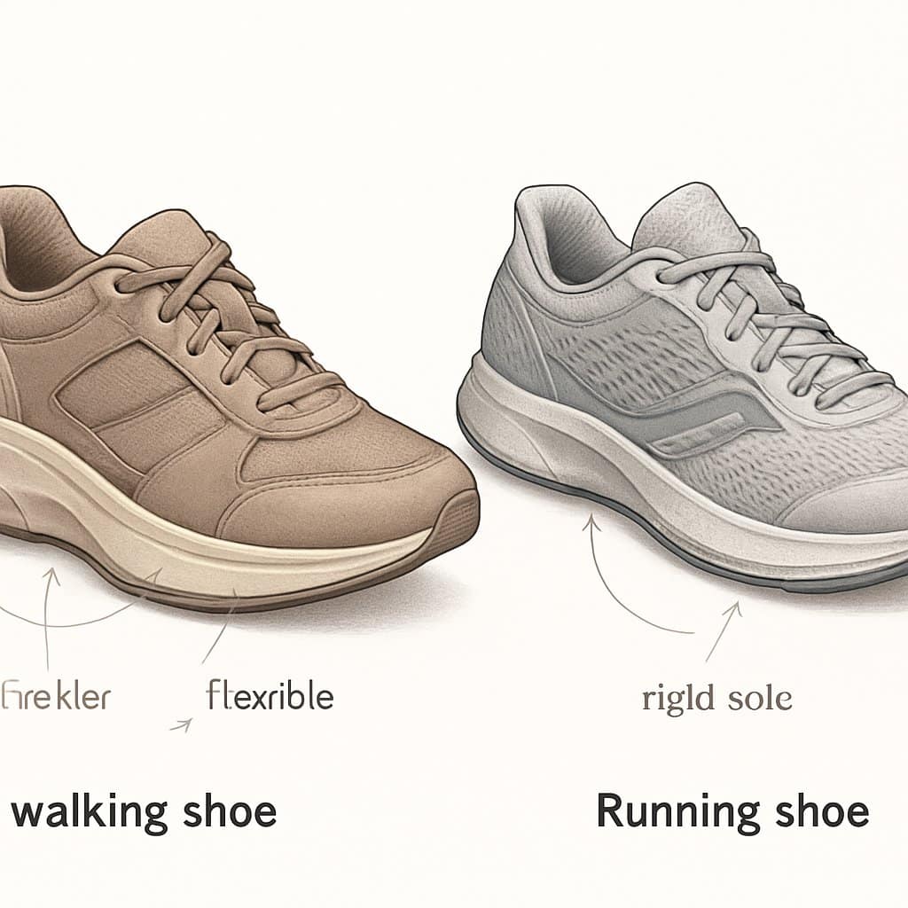 Side-by-side illustration of a walking shoe and a running shoe highlighting their structural differences such as sole shape, cushioning, and support areas.
