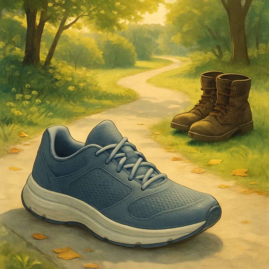 A pair of walking shoes on a paved path in a park with trees and greenery, next to a pair of boots set aside.