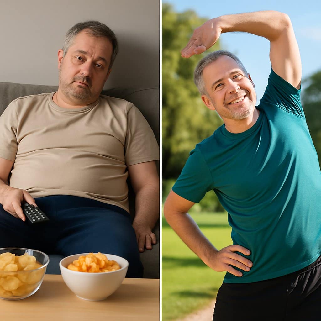 A person shown sitting on a couch looking tired and inactive on one side, and the same person stretching outdoors in activewear on the other side.