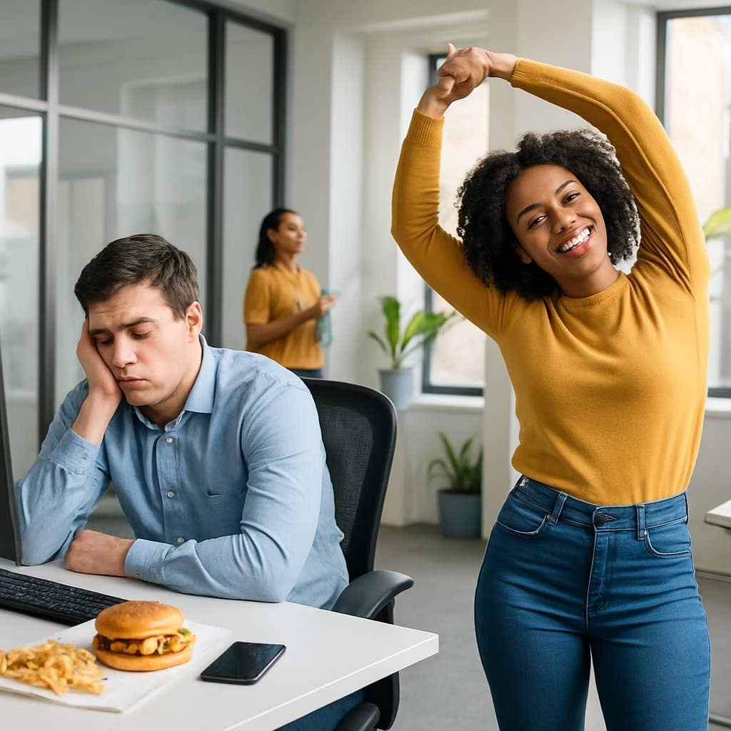 Office scene showing one person sitting with poor posture and unhealthy habits, while others stand, stretch, and walk to promote activity and health.