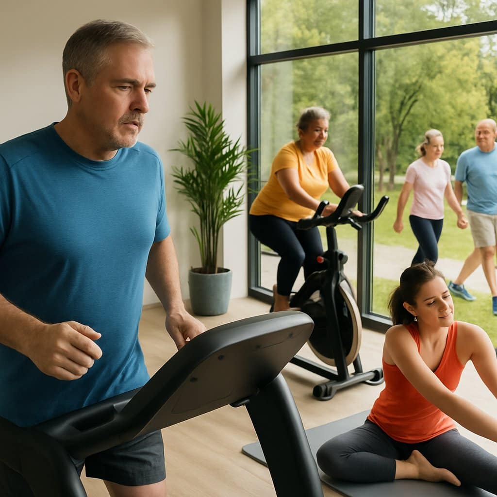 People of different ages exercising indoors and outdoors to improve their health and stay active.