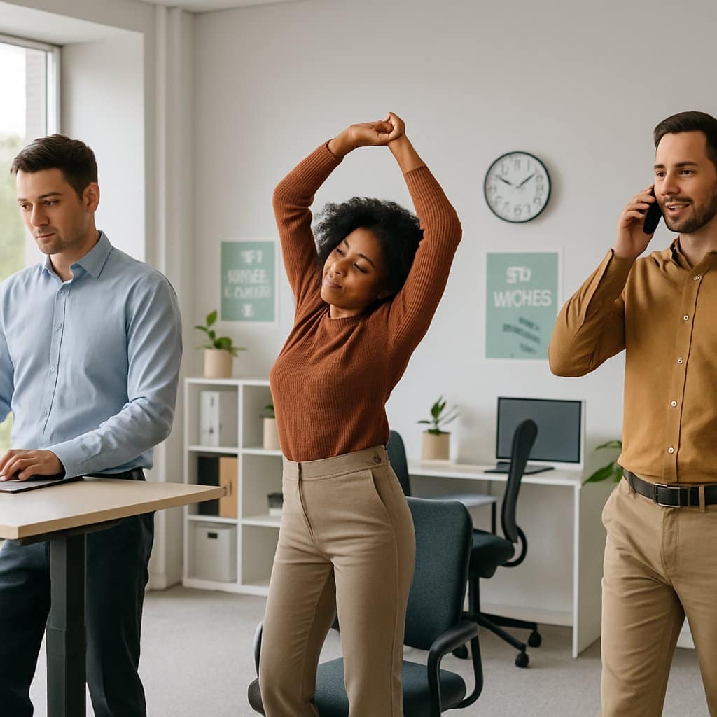 Office workers standing, stretching, and walking in a bright office with ergonomic desks and plants.