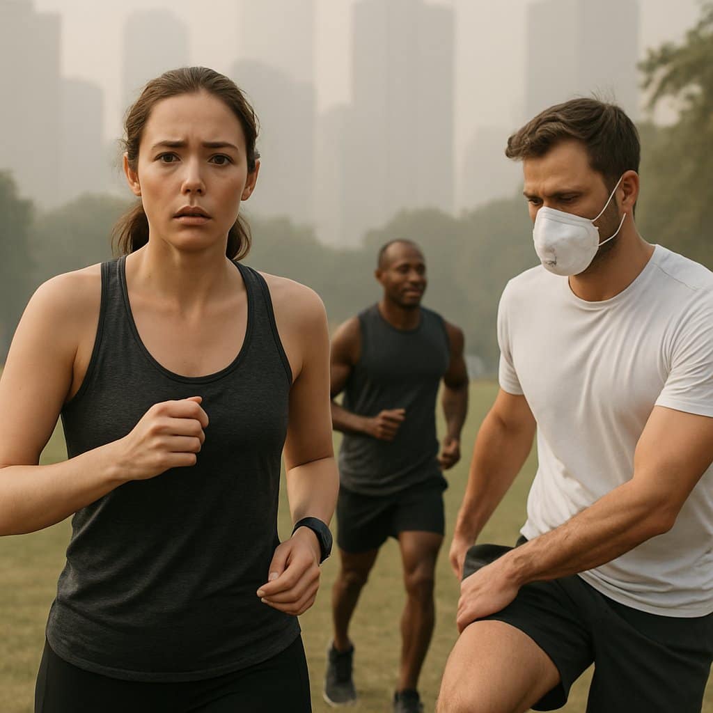 People exercising outdoors in a city park on a hazy day with visible air pollution in the background.