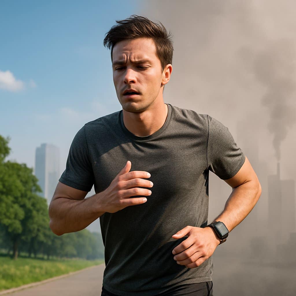 A person jogging outdoors in a city with visible air pollution and smog in the background, showing the contrast between clean and polluted air.