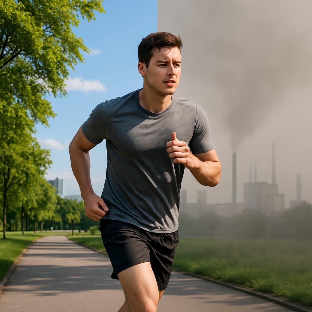 A person jogging on a park path with one side showing clear air and greenery and the other side showing hazy, polluted air and industrial buildings.