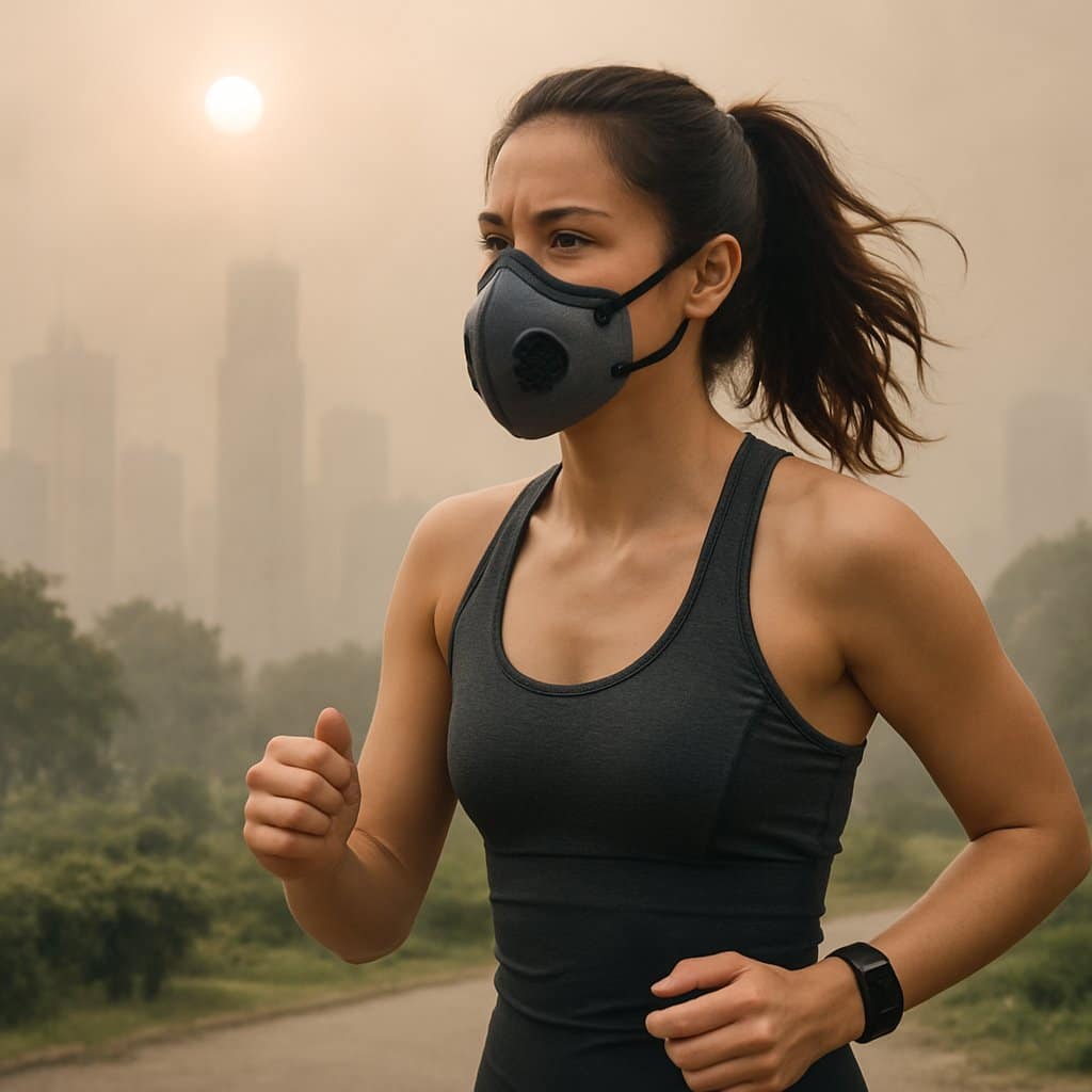 A woman jogging outdoors in a city park with visible air pollution and wearing a face mask.