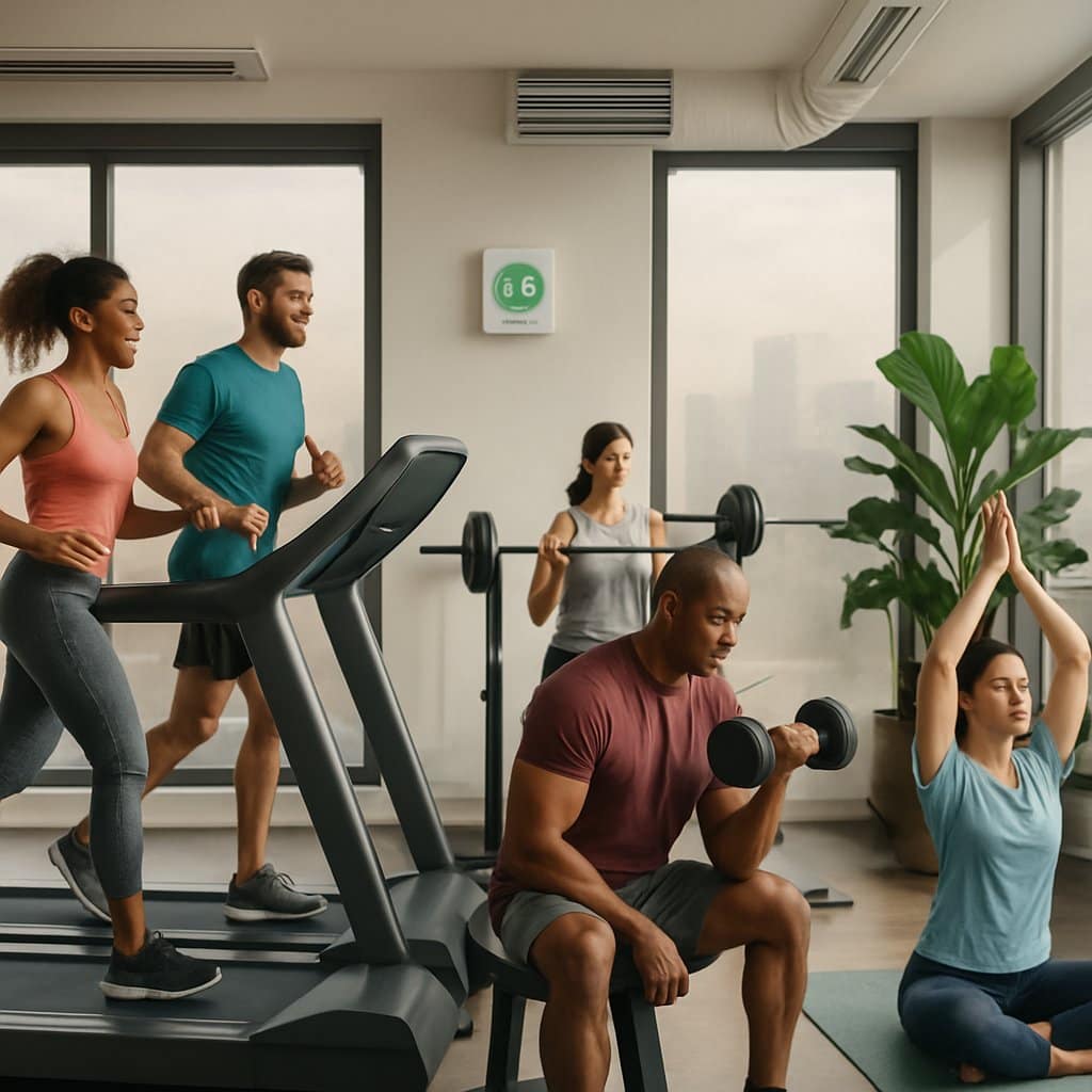 People exercising indoors in a gym with air quality monitors and a city view showing outdoor pollution.