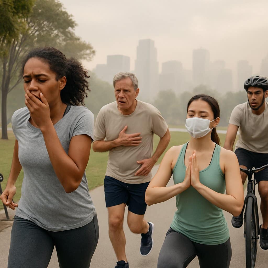 People of various ages exercising outdoors in a city park with visible air pollution and some showing signs of respiratory discomfort.