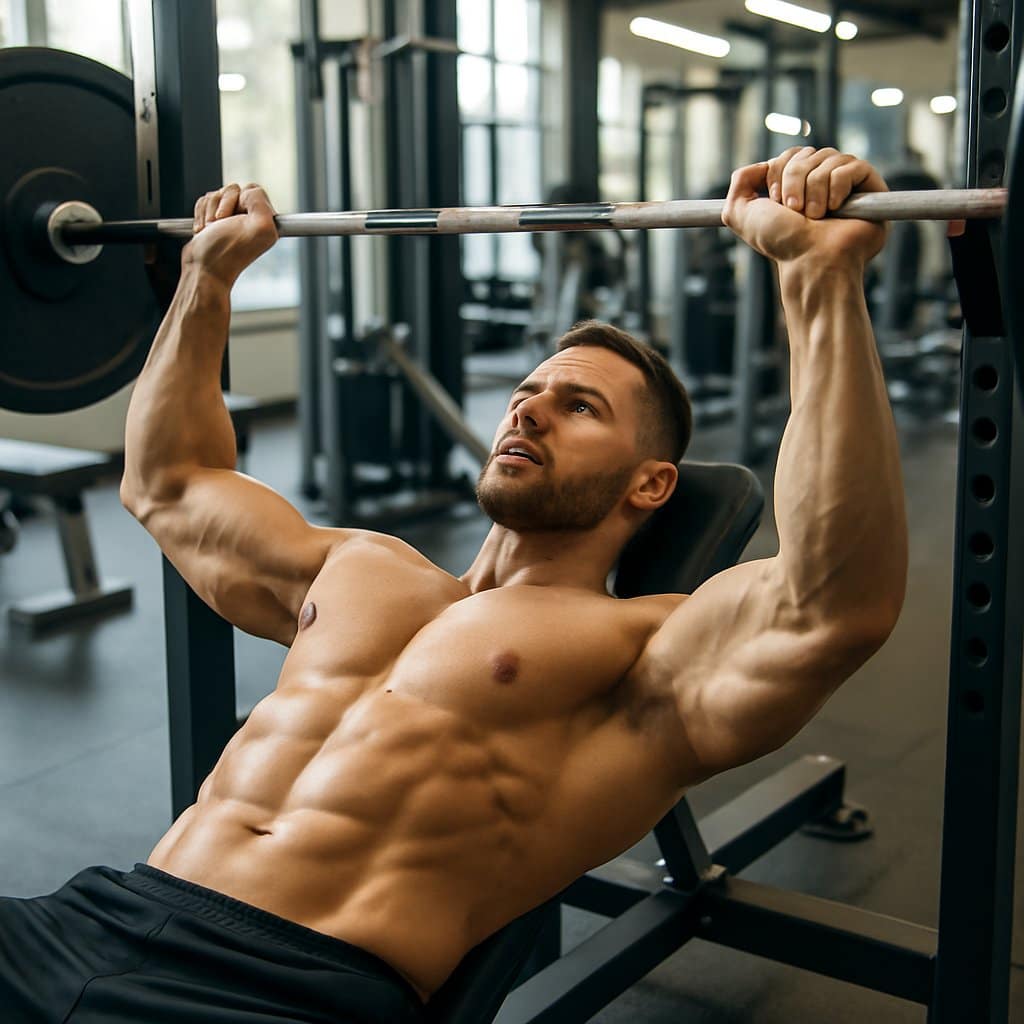 A muscular man performing a bench press exercise in a gym.