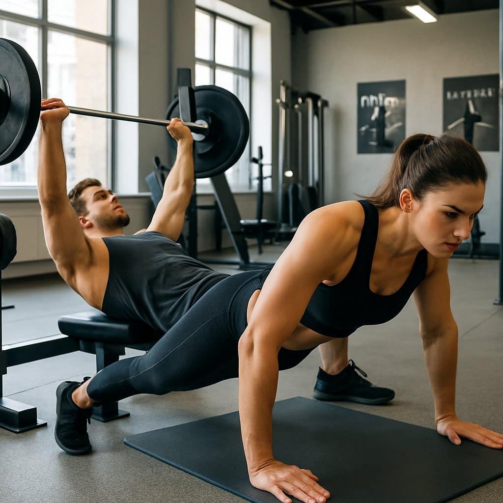 A man doing a bench press and a woman doing push-ups in a bright gym.