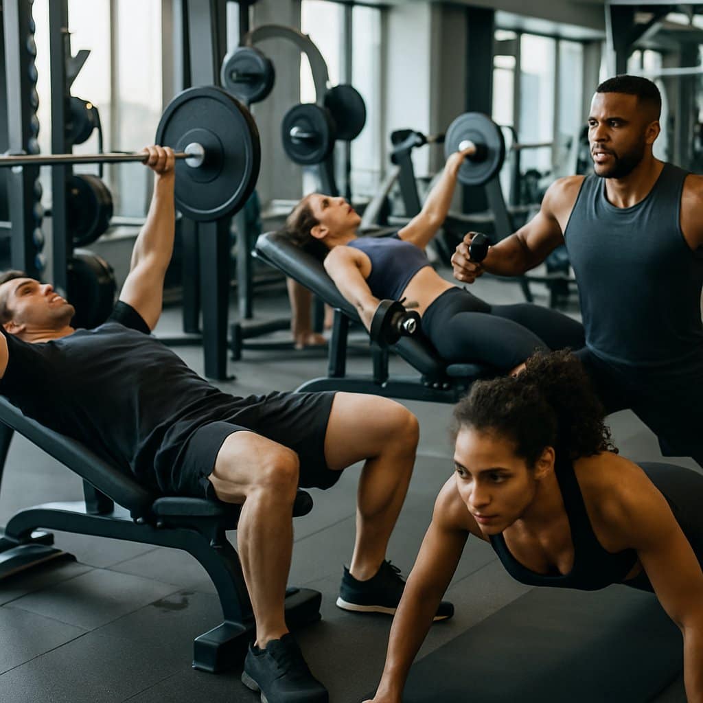 A group of people performing different chest exercises in a gym using various equipment.
