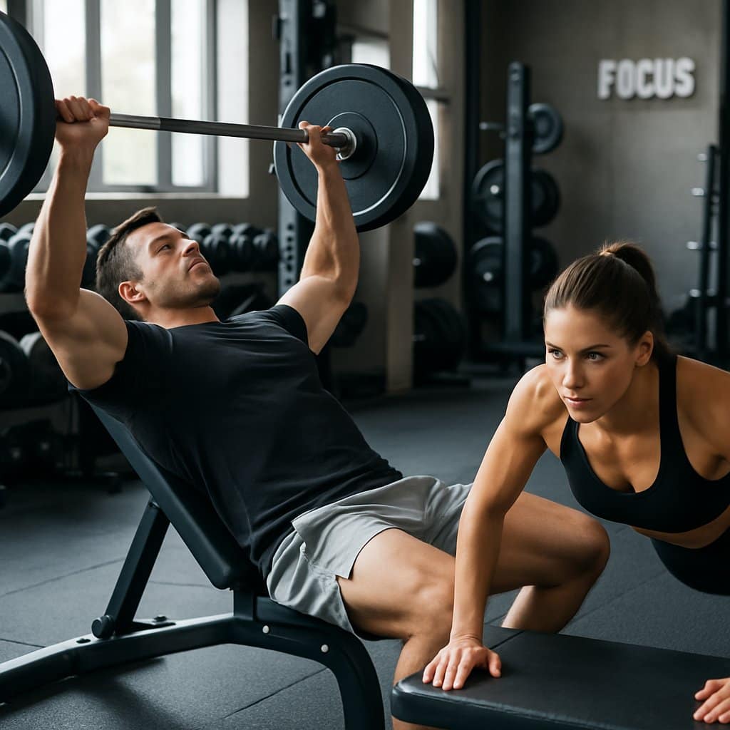 A man performing a bench press and a woman doing push-ups in a gym setting.
