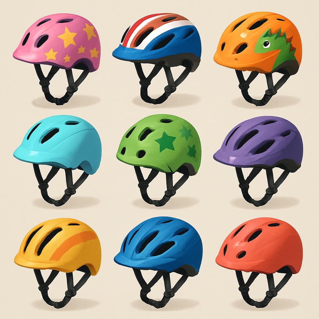 A collection of colorful children's bike helmets arranged to show different designs and angles.
