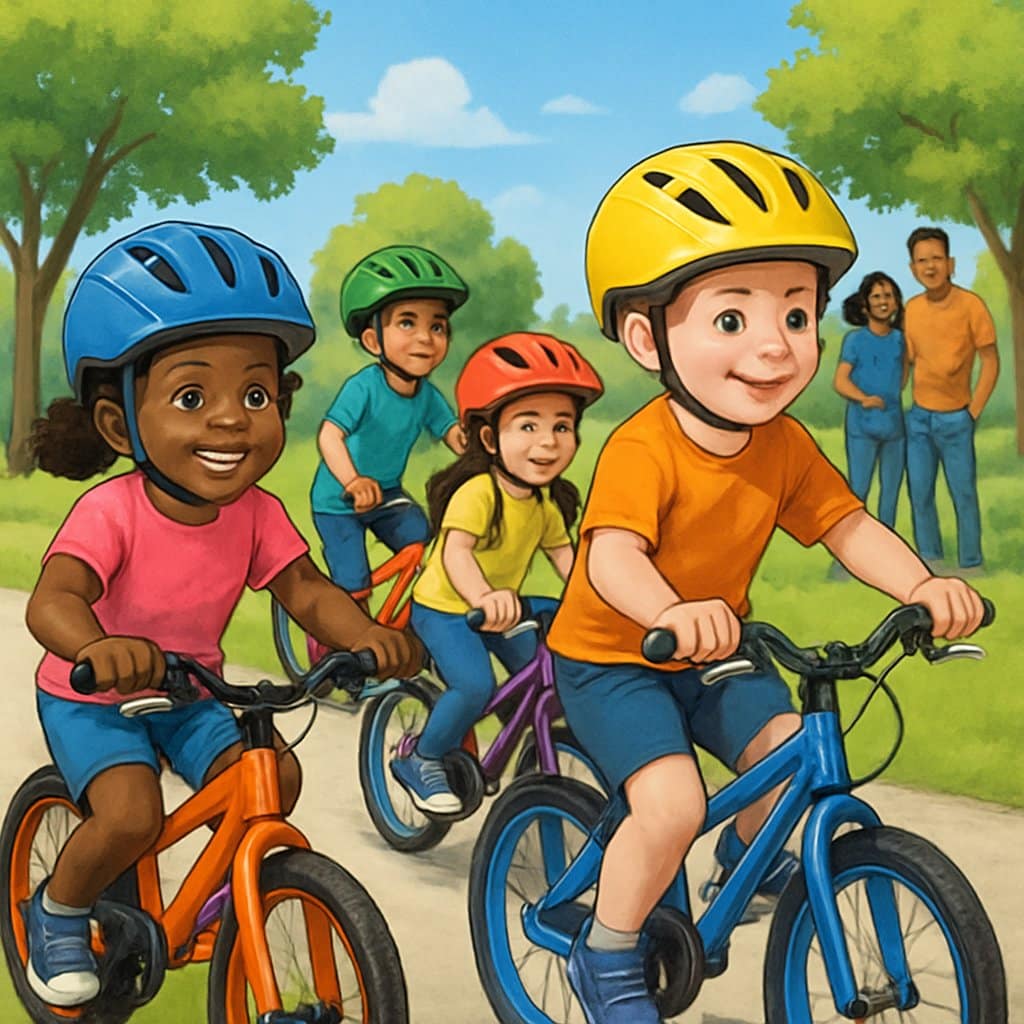 Children of different backgrounds riding bikes in a park while wearing colorful bike helmets, with parents watching nearby.
