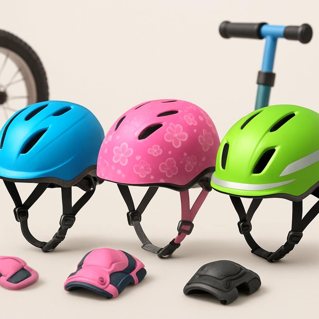 Three colorful kids' helmets for small heads displayed side by side with a bike wheel and scooter handlebar nearby.