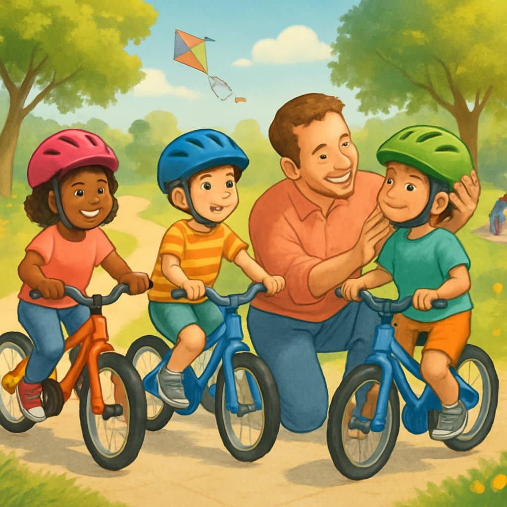 Children riding bikes in a park wearing colorful helmets, with an adult helping a child adjust their helmet.