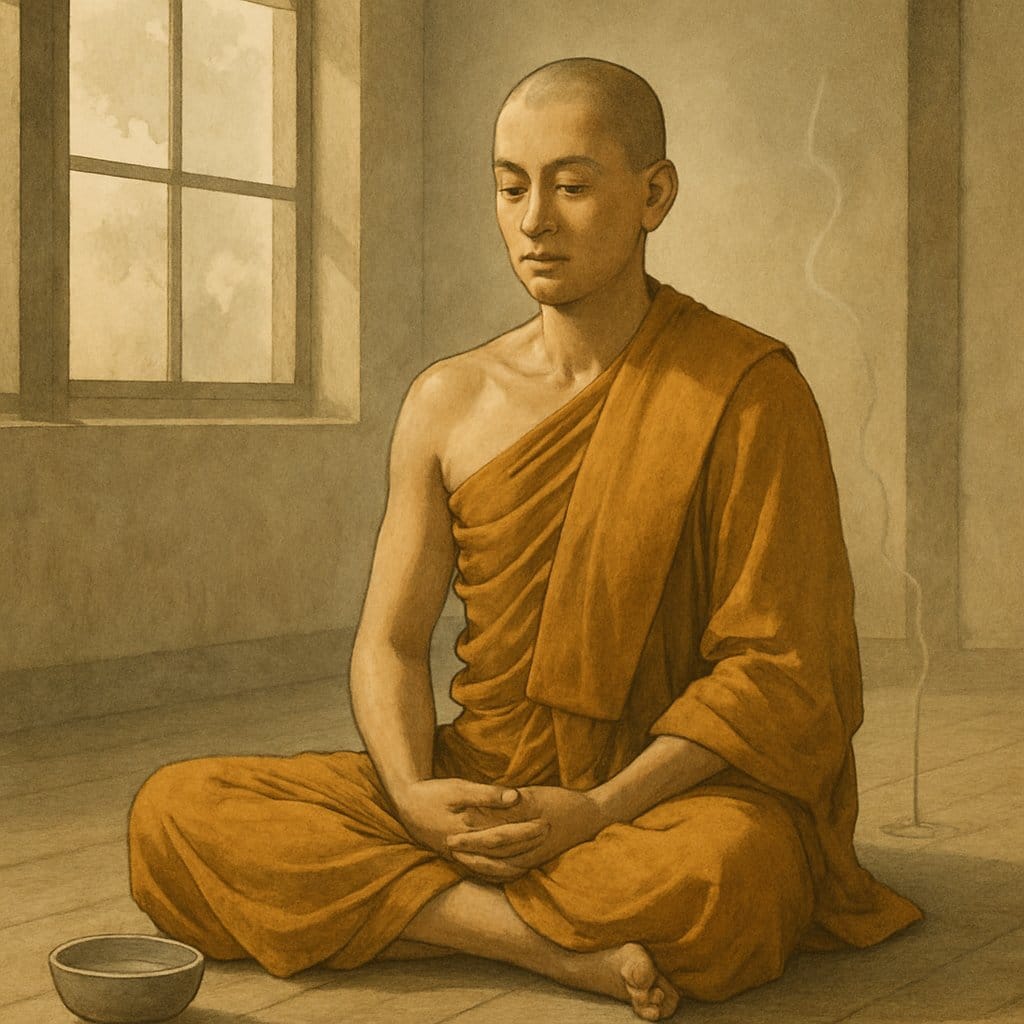 A monk sitting cross-legged in meditation inside a temple room, wearing saffron robes with eyes closed in peaceful contemplation.