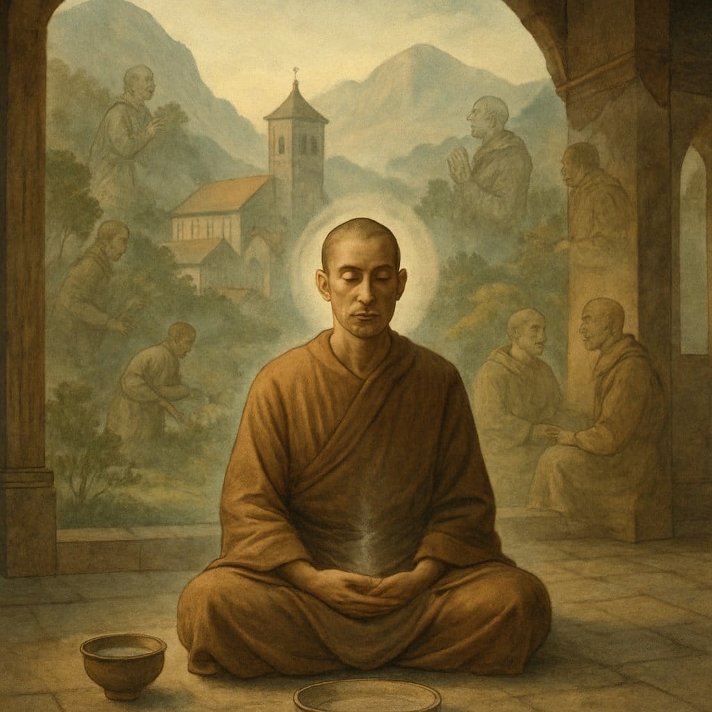 A monk in simple robes meditates inside a wooden hall with an empty plate and bowl nearby, set against a peaceful mountain monastery scene with faint background images of monks fasting and praying.