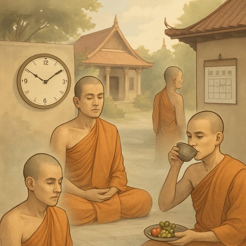 Several monks in a temple courtyard practicing different fasting methods, including meditation, drinking water, and eating small portions of fruit, surrounded by traditional temple architecture.