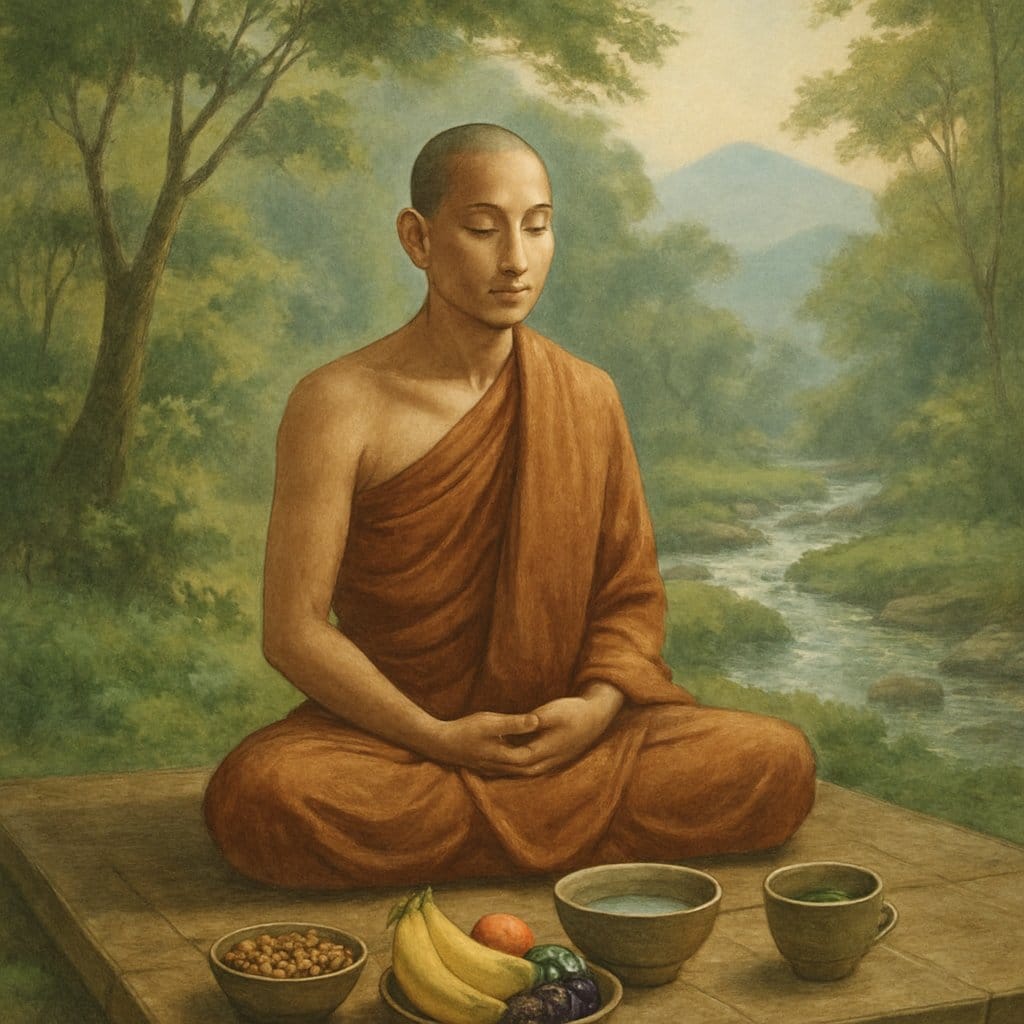 A monk sitting cross-legged outdoors surrounded by healthy foods like fruits and nuts, in a peaceful natural setting with trees and sunlight.
