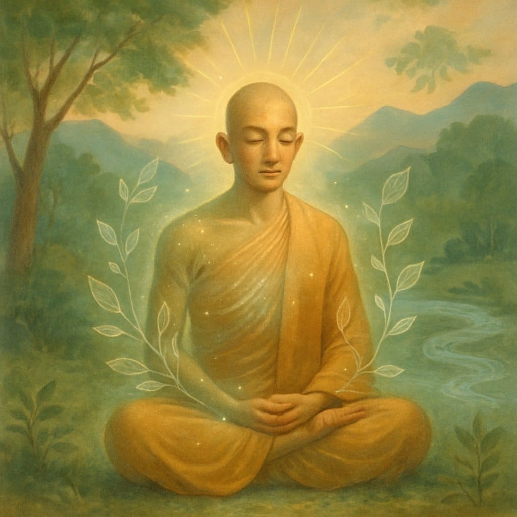 A monk sitting peacefully outdoors with a calm expression, surrounded by nature and soft glowing light symbolizing health and mindfulness.
