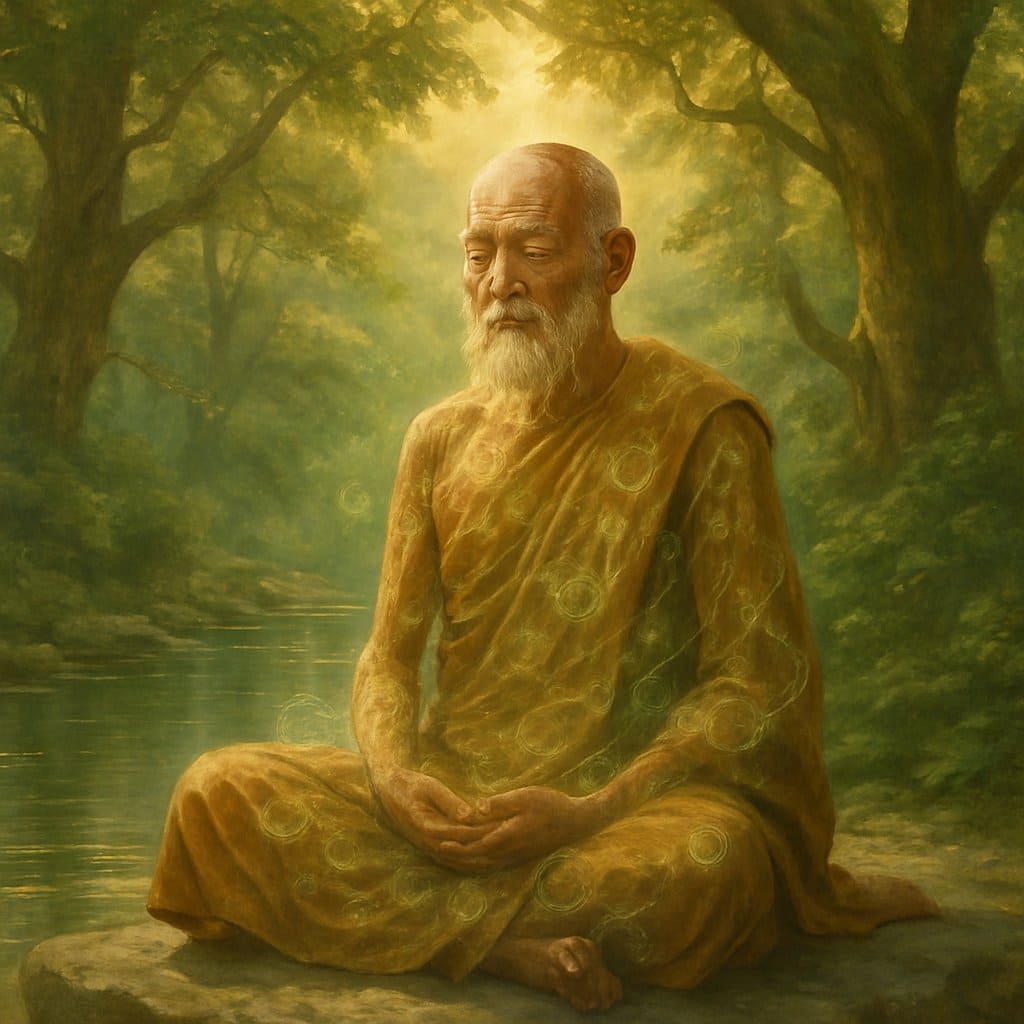 A monk meditating peacefully outdoors near water and trees, surrounded by a calm natural environment symbolizing health and renewal.