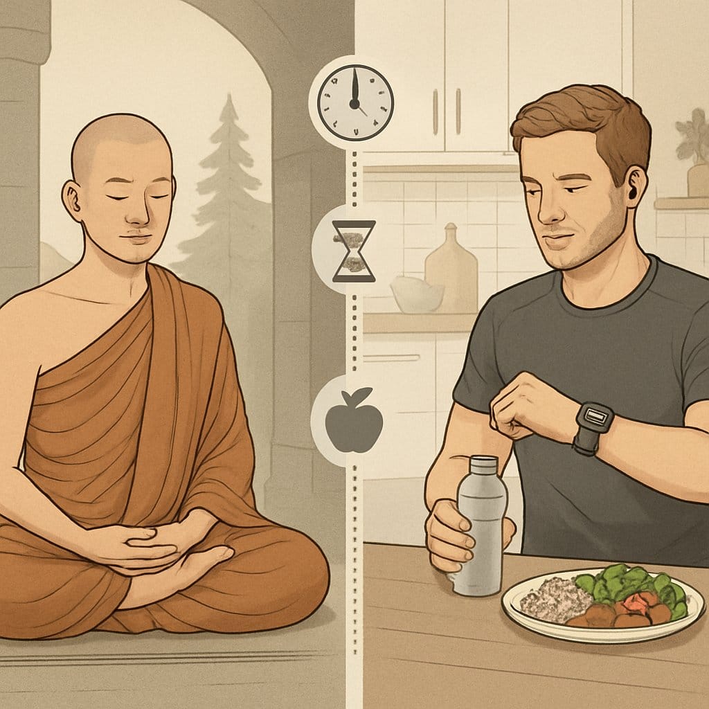 A monk sitting calmly in a natural monastery setting on the left and a modern person in athletic clothes with a smartwatch and healthy food in a kitchen on the right, illustrating traditional and modern fasting practices.