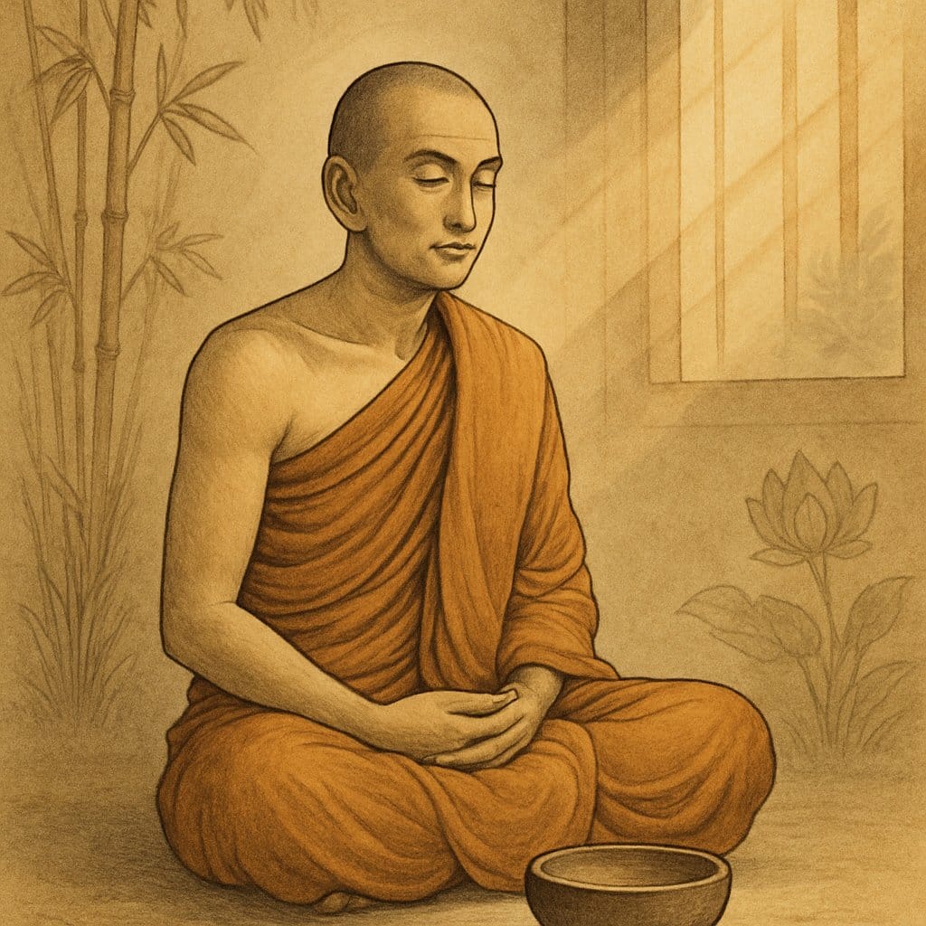 A peaceful monk sitting cross-legged with an empty bowl in front of him, surrounded by natural elements in a calm indoor setting.