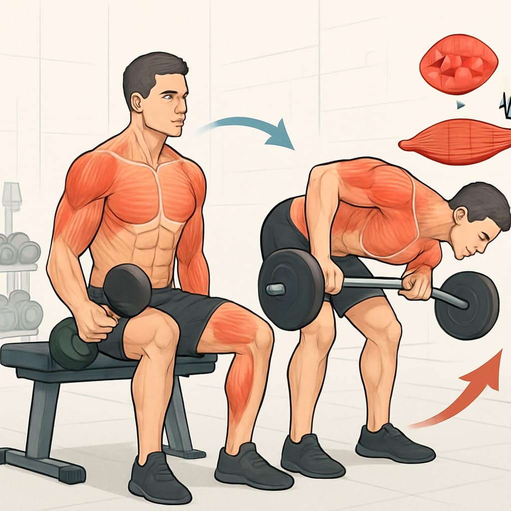 A person performing two strength exercises consecutively in a gym, with visual elements showing muscle growth and continuous movement between exercises.