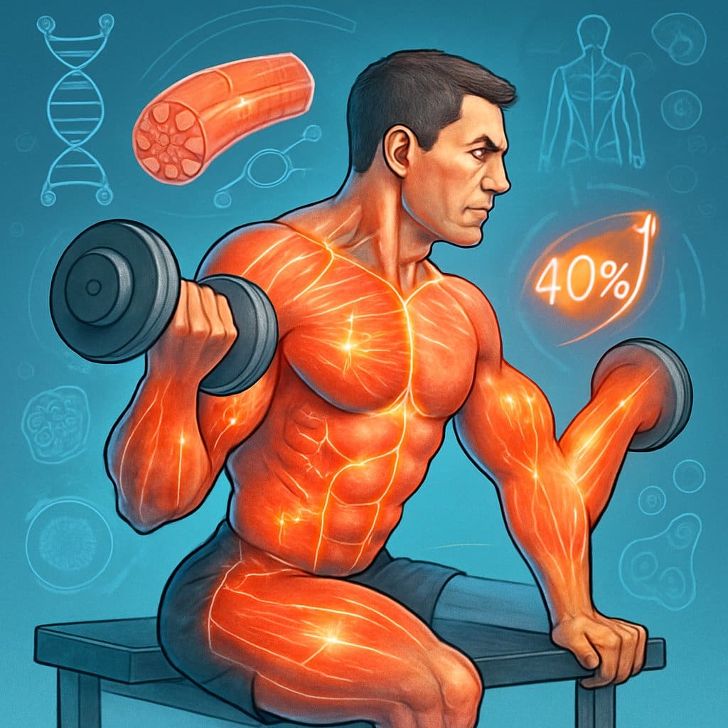 A person performing two exercises back-to-back with glowing muscles and scientific symbols illustrating muscle growth and fitness.