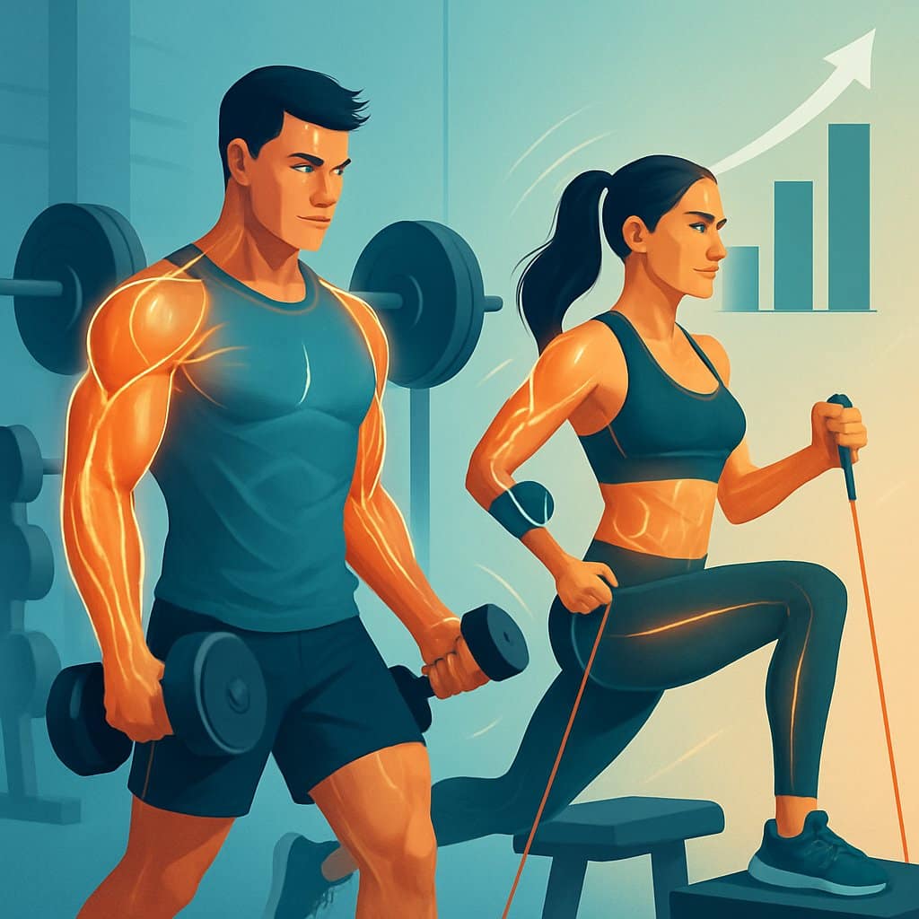 Two athletes performing supersets in a gym, showing muscle engagement and growth with visual effects and a background graph indicating muscle increase.