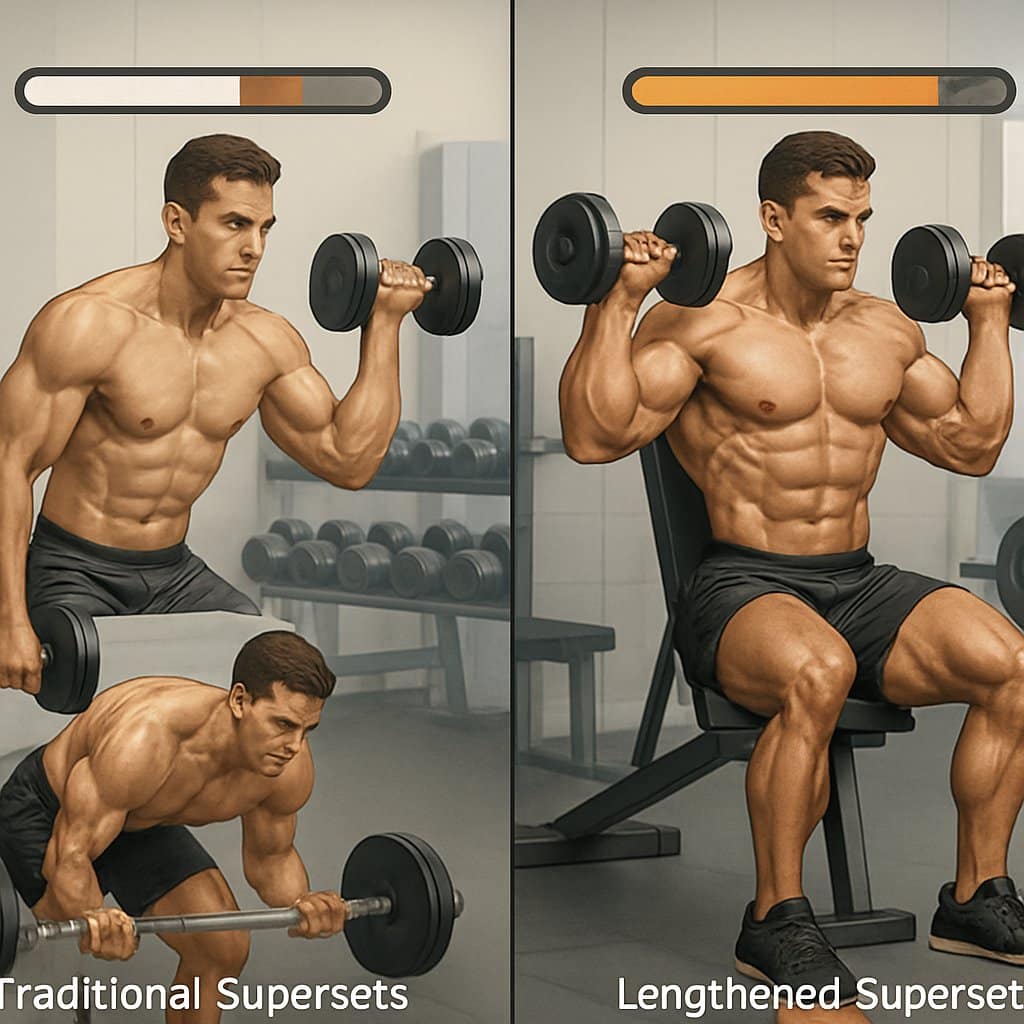 An athlete performing traditional supersets on one side and lengthened supersets on the other, showing greater muscle size and control during the lengthened supersets in a gym setting.