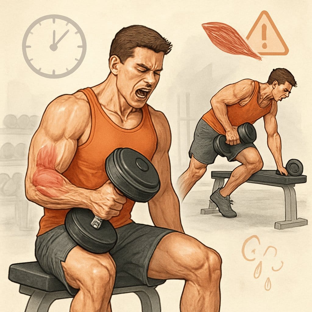 A muscular person performing two exercises back-to-back in a gym, showing muscle growth and signs of fatigue.