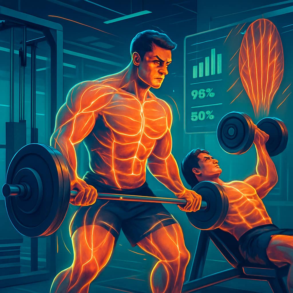 A muscular person performing two exercises back-to-back in a gym, with glowing muscles and futuristic equipment around them representing muscle growth and advanced training.