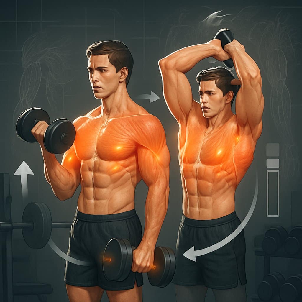 A person performing two different arm exercises back-to-back in a gym, with highlighted muscles showing growth and strength.