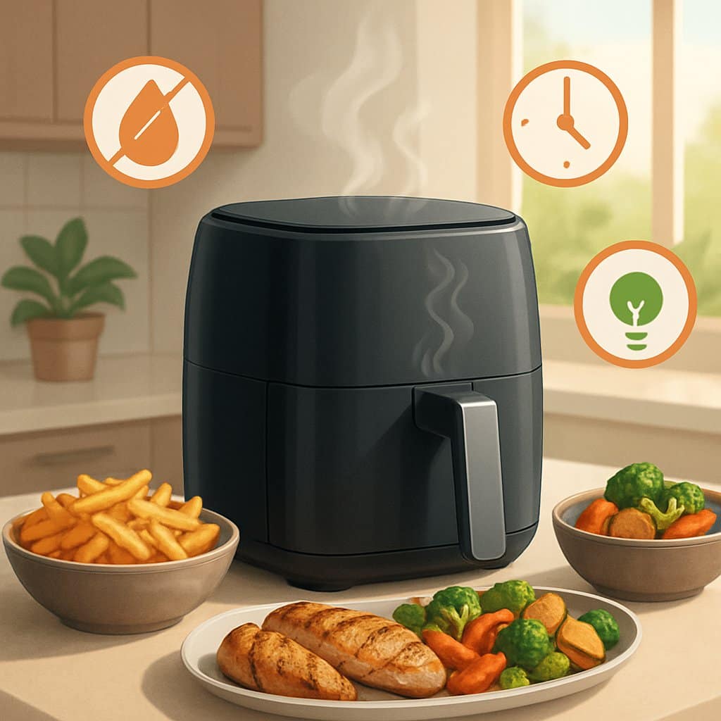 A modern kitchen countertop with an air fryer cooking healthy, crispy foods like fries, vegetables, and chicken, surrounded by icons representing health and efficiency benefits.